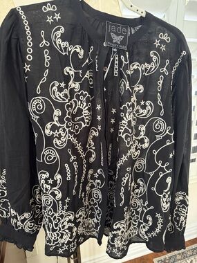 Johnny Was Black Blouse with White Embroidery